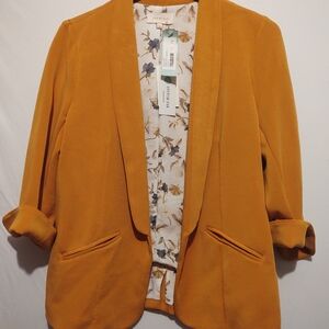New Skies Are Blue Hannah Modal Scuba Blazer Large in Mustard with floral lining